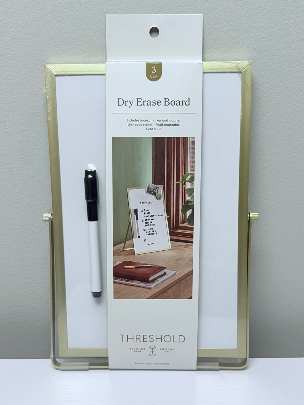 Threshold Gold Framed Dry Erase Board w/Stand, includes Marker and Magnet, New!